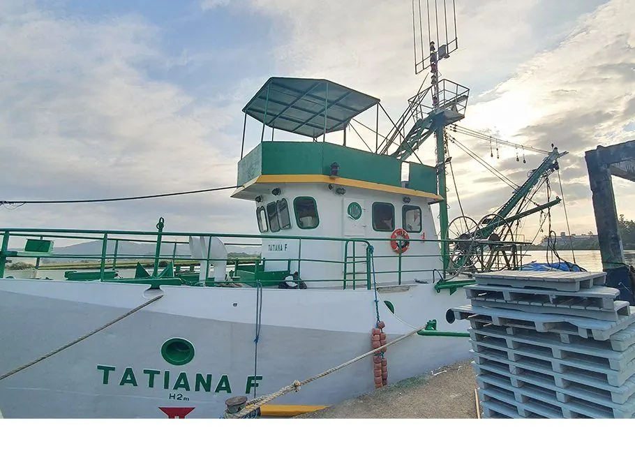 Pesqueiro Tatiana F atracado, casco branco com detalhes verdes e lanças de pesca armadas